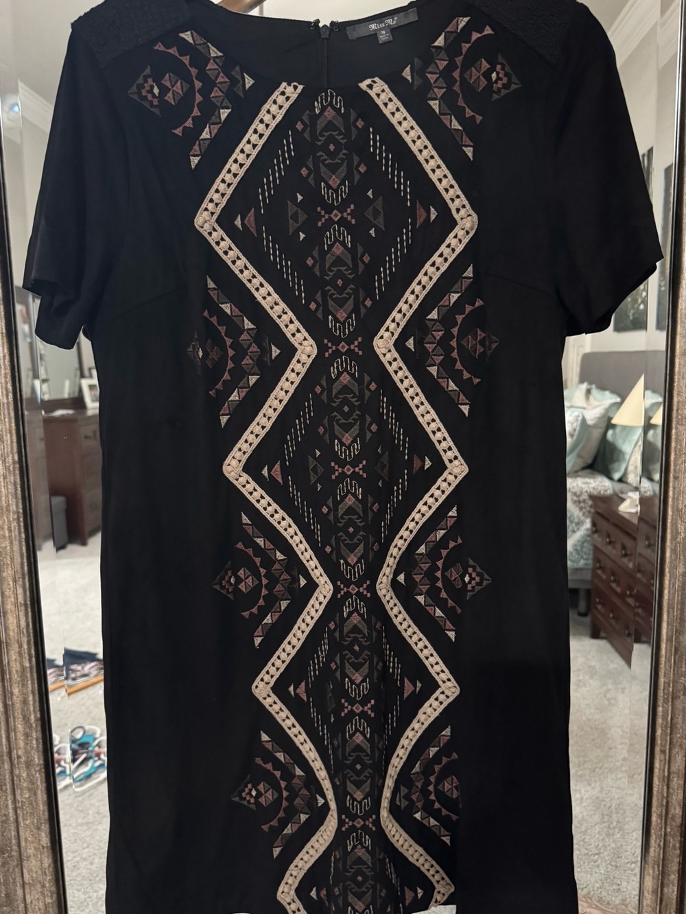 Black Short-Sleeve Shirt with Geometric Center Panel